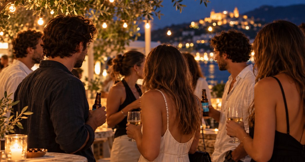 Invitados con botellines Vinitto en una celebración al aire libre al anochecer